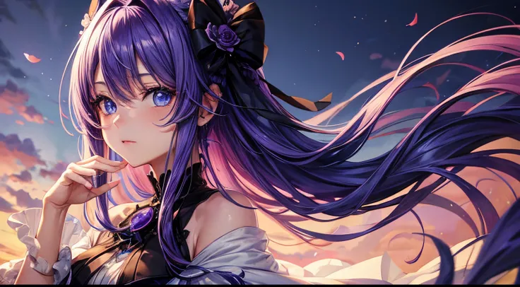 beautiful anime girl with violet hair and blue eyes