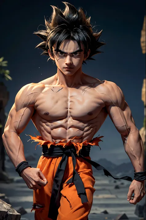 son goku, 1boy, closed mouth, male focus, muscular, muscular male, rock, sash, serious, solo, spiked hair, topless male, torn clothes, ultra instinct, black eyes, black hair, ((masterpiece))