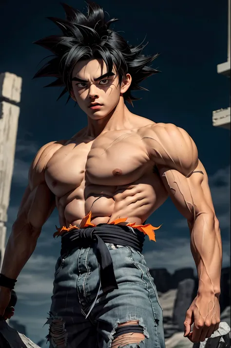 son goku, 1boy, closed mouth, male focus, muscular, muscular male, rock, sash, serious, solo, spiked hair, topless male, torn clothes, ultra instinct, black eyes, black hair, ((masterpiece))