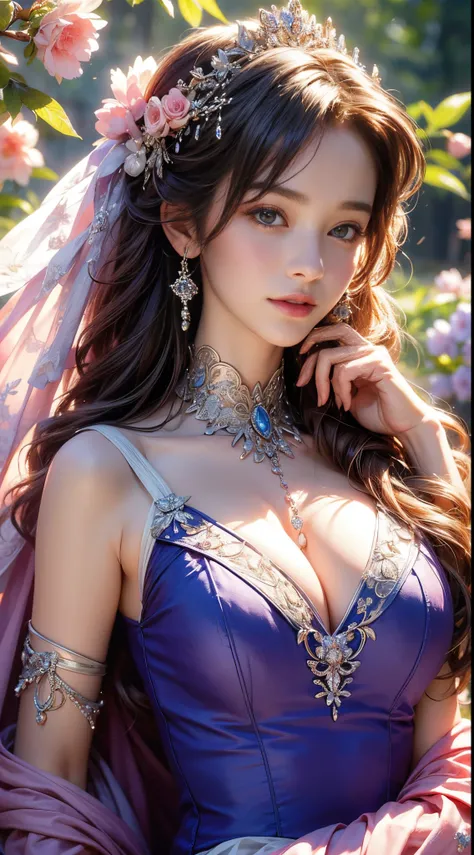 (Best Quality,4K,8K,hight resolution,tmasterpiece:1.2),ultra - detailed,(current,Realistically,realisticlying:1.37),girl in a luxurious blue dress,eyes were shining with joy, her lips were slightly curved，show a gentle smile. The sun casts a warm golden li...