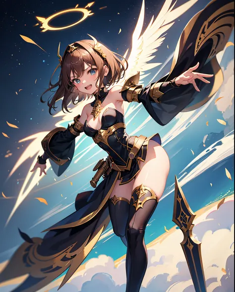 fantasy, 1angel_girl,child, loli,brown_hair, medium_bob_hair, long_bangs, halo,bare_shoulder,thighhighs,silver_armor, waist_armor, large_breasts,angry,grinning,open_mouth_teeth, 1pair_wings, dynamic_pose_fighting,floating, bare_crotch, headgear,gauntlet, g...