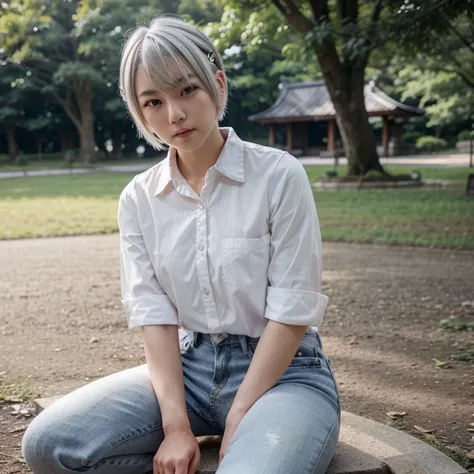 A Japanese girl ,with white and silver hair(wolf cut),wearing shirt and jeans,having white eye,sitting in park,cute face with blushing, single Eyelids,grooming and realistic face