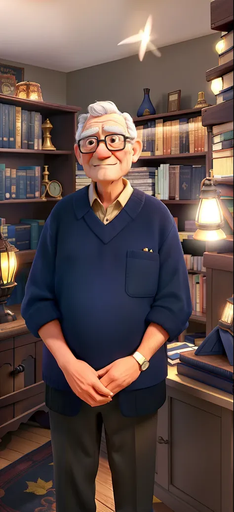 A wise old man standing in front, illuminated by the light of a lamp, against the backdrop of a library