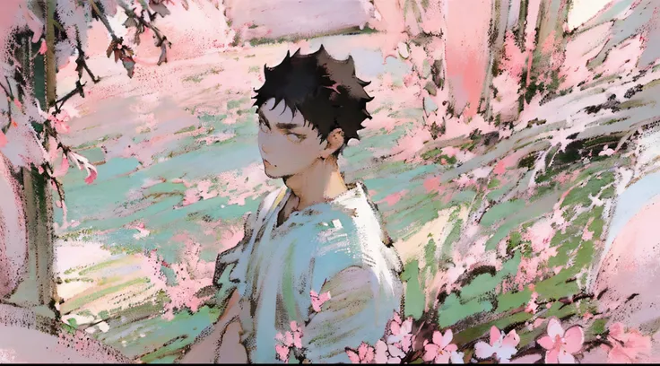 (((solo focus))),(((1 boy))),male focus,(((iwaizumi))),Fechin, oil painting, IMPRESSIONISM,black hair,((black eyes)),((short hair))plants,(((pink cherry blossom flowers))),rustic scenery,cottages,sakura,(((plain white tshirt))),khaki shorts,(((((pastel col...