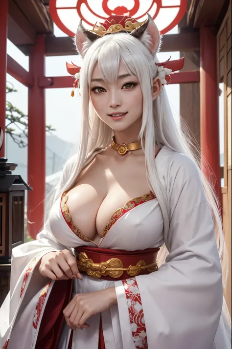 NSFW、blacklight、Real Art、very delicate and beautiful mature inugami milf、ultra-definition、1 milf、white dog ears,white  hair、personification of dog god、Brave、Beautiful smile、Japanese red and white shrine maiden costume,(((The Monster、Mooki、Maniacal))Glowing...