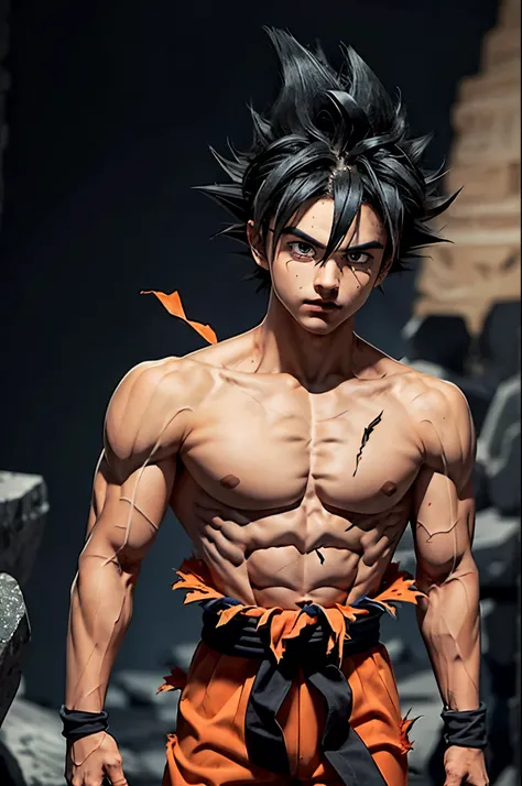 son goku, 1boy, closed mouth, male focus, muscular, muscular male, rock, sash, serious, solo, spiked hair, topless male, torn clothes, ultra instinct, black eyes, black hair, ((masterpiece))