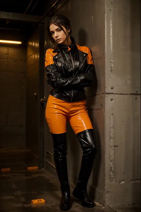 a girl in jail, wearing a black leather jacket, an orange prison jumpsuit and black Hunter rubber boots, with her arms crossed