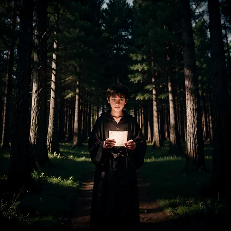 A young boy mage in black robes stood in the middle of the dark forest, observing the magical scroll spread out in front of him.