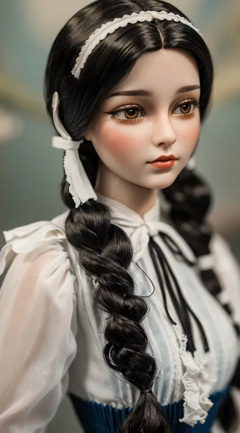 Best Quality, ultra hi res, photoreaslistic, a photography of a beautiful woman, Teenage in the 30s, Detailed face, Black nasty fishtail blade, (detailed porcelain doll,delicate clothes with a lot of frills and ribbons), Beach, (close up of face), Seductiv...