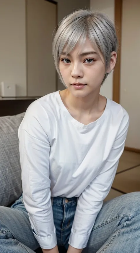 A Japanese girl ,with white and silver hair(wolf cut),wearing shirt and jeans,having white eye,sitting in home,cute face with blushing, single Eyelids,grooming and realistic face