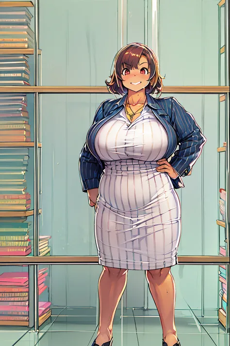 masutepiece, excellent, (Office: 1.8), Ultra-high-definition CG rendering, Standing, 1 Royal Sister, angry, Woman with short tanned hair, layered dress, Hands folded at the waist, Illustration, Wide-angle panorama,bbw、huge-breasted、A big smile