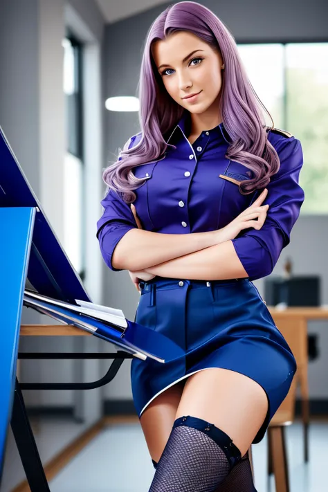 1girls, langes violettes Haar, blaue Lichtaugen, sexy pose, Sitzen Sie in der Klasse, Schuluniform, fotorealistic