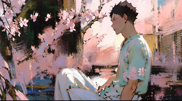 (((solo focus))),(((1 boy))),male focus,(((iwaizumi))),fechin, oil painting, impressionism,black hair,((black eyes)),((short hai...