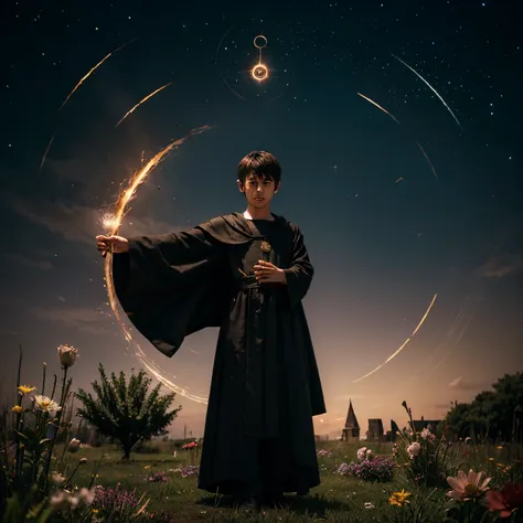 the black-robed young boy wizard practiced small spells as he formed magic circles in the air, conjuring stones into colorful flowers.