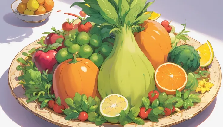 Delicate vegetables and fruits appear in the center of the frame，white backgrounid，vector illustrations