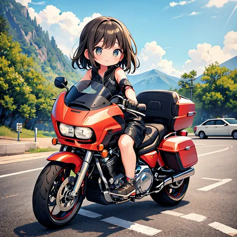 ​masterpiece、A cute girl riding a Harley-Davidson Road Glide™ Limited、route 66 touring、细致背景、Chibi