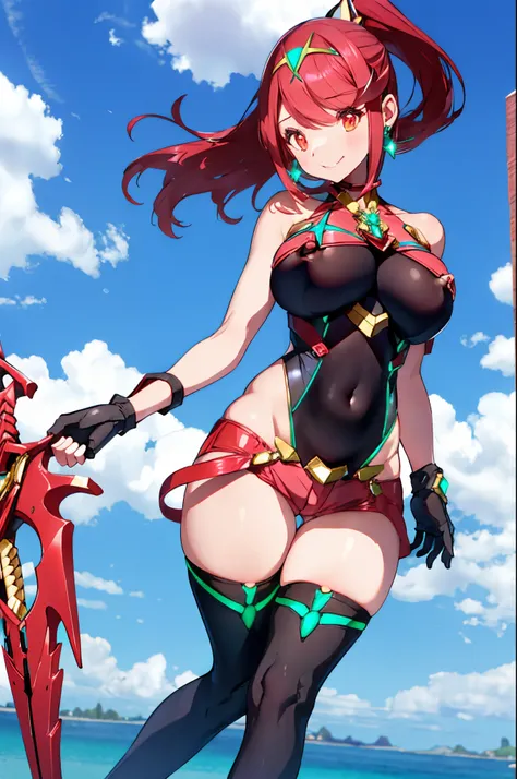 pyra (xenoblade), teen_1girl, loli, bangs, black gloves, breasts, red eyes, shout, earrings, eyelashes, fingerless gloves, floating hair, , gem, gloves, hair ornament, headpiece, jewelry, gigantic_breasts, leaning back, swimsuit, neon trim, official art, p...