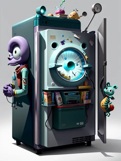 Highest image quality，8k，A weird refrigerator，Anthropomorphic refrigerator，Cute style，wizard punk