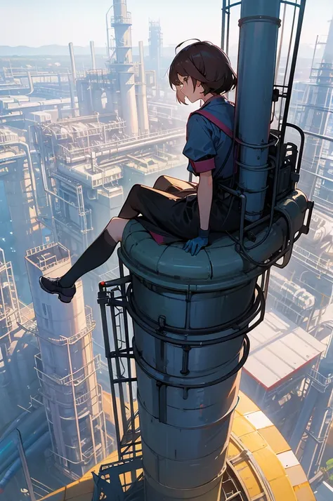 A girl sits on top of a tower at a petrochemical plant.