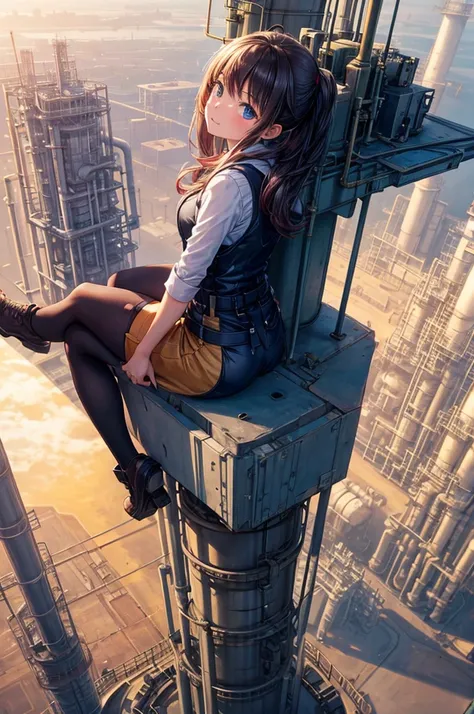 A girl sits on top of a tower at a petrochemical plant.