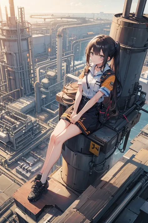 A girl sits on top of a tower at a petrochemical plant.