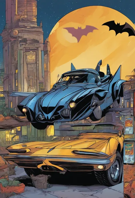 Batman next to the bat mobile with the Batman call sign up in the sky