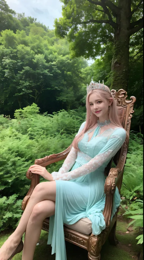 Ultra High Resolution, Best Quality, Photo, 4K, (Realistic:1.2), Elven Queen sitting on a throne in the forest, Clean sky, Clouds, Fog, Smile, Pastel colors, Kilian Inn, Philippe Druilai, Studio Ghibli