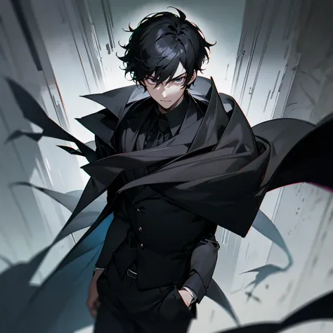 Black hair, short hair, black eyes, dark eyes, teenager, glowing eyes, handsome male, male protagonist, all black suit, cape, dark hallway background, dark grey energies