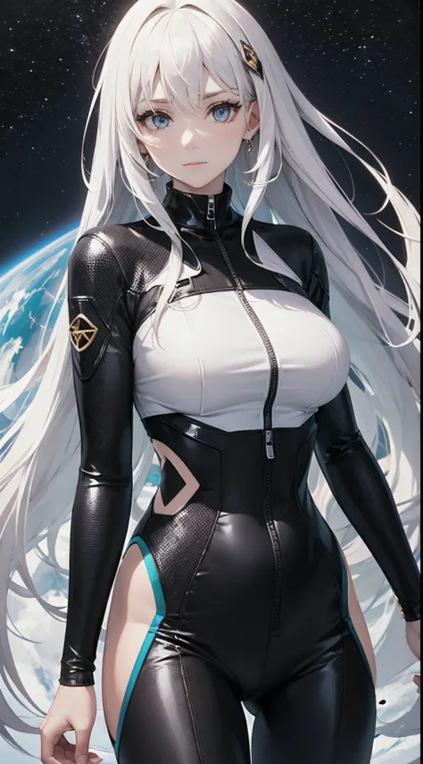 woman with ,Golden-white hair,eBlue eyes,,,black space suit