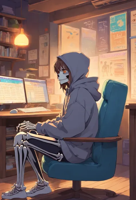 Skeleton wearing hoodie sitting on chair，American retro，skelleton