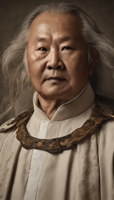 Portrait of fat old Chinese man（immortal）；二重まぶた，Round eyes，with a round face，White hair，hair-bun，no headwear，hair tying up。yellow clothing。solid color backdrop[[[paper texture 1.0]]];（close-up1.0），Audience visual inspection（facing at the camera）；真实感、hyper ...