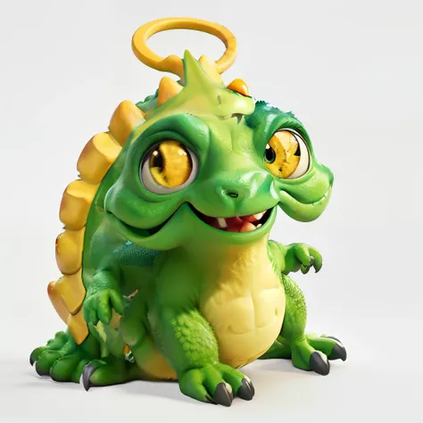 Green and yellow color of 3D cartoon dinosaur arms and paws, bulging eyes with funny and cute face, sem dentes, banguela,  no fundo branco, no estilo disney pixar, halo