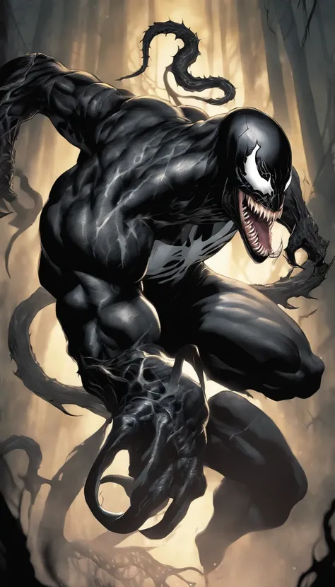 high-res, detailed portrait of Venom with striking, sharp focus, emphasizing the intense, glowing white eyes and intricately textured black symbiote suit, showcasing the menacing and aggressive nature of the character, with realistic, gritty details in the...