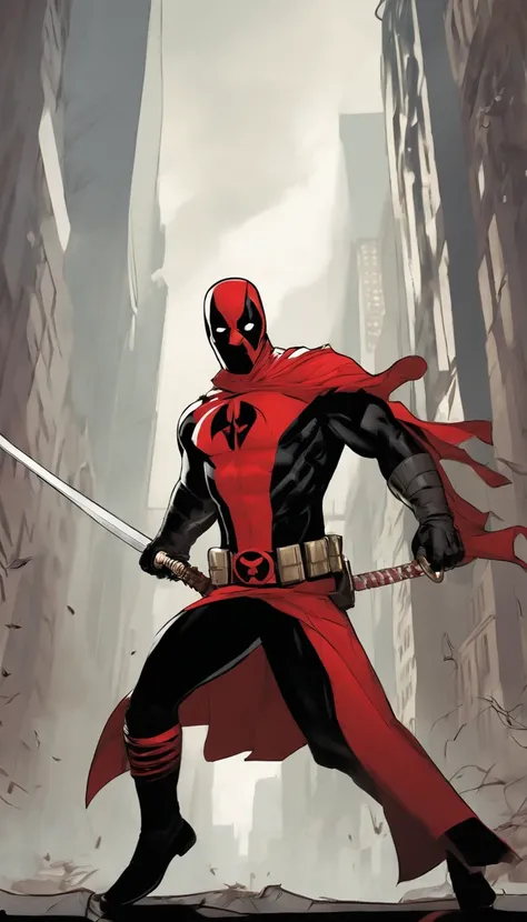 (a character:1.1,detailed face,comic style), (anti-hero,"merc with a mouth"), (red and black costume),(action pose:1.1), (katanas:1.1,two sharp katanas), (smirking face), (wade wilson), (masked vigilante), (humor), (dark humor), (brooding), (scars), (muscu...