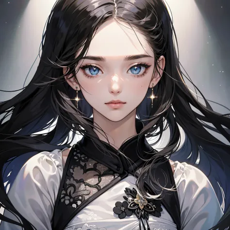 ((Masterpiece, Superb, Super Detailed, High Resolution)), solo, beautiful girl, sparkling eyes, perfect eyes, 15 years old, black and white gold theme,