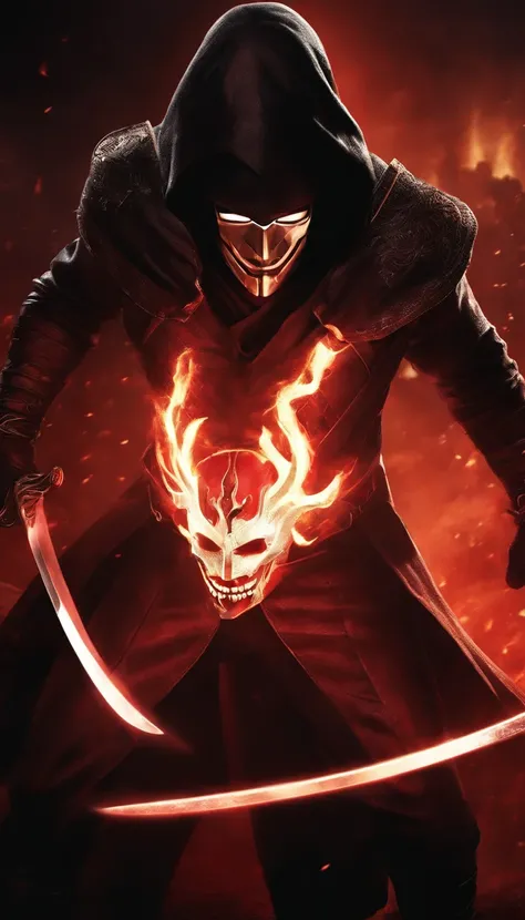 a rogueish anti-hero with a red and black costume,masked face and glowing eyes,twisted sense of humor,dual katana blades,regenerating powers,scars on his face and body,a mischievous smile,a smoky and chaotic background,fighting off villains with his swords...