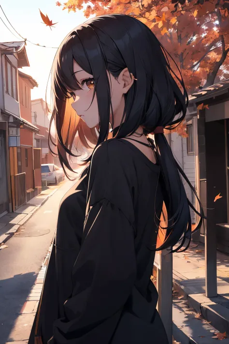 animemanga girl、Back Shadow、Autumn streets、Street side、cabelos preto e longos、The autumn breeze blows、The hair is blown up、See it through your fingers、Being in love、Autumn trees、falling leaf、the setting sun、the glory of the setting sun、Sad atmosphere