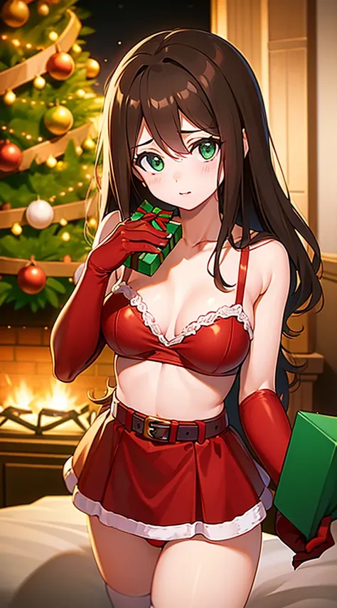 masterpiece, best quality, 1 solo girl, rosie brown hair, green eyes, long hair, wavy hair, christmas ornaments, medium breasts,...