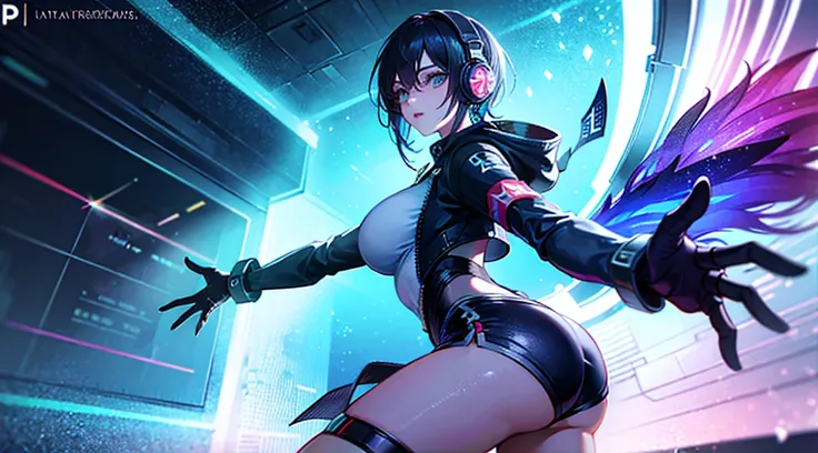 A cyberpunk anime girl with sky blue hair wearing headphones and looking directly at the viewer. She is illuminated by neon lights, giving her a vibrant and futuristic aura. Her hair is styled in a slightly messy yet stylish manner. The girls eyes are deta...