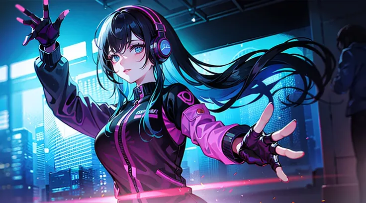 A cyberpunk anime girl with sky blue hair wearing headphones and looking directly at the viewer. She is illuminated by neon lights, giving her a vibrant and futuristic aura. Her hair is styled in a slightly messy yet stylish manner. The girls eyes are deta...