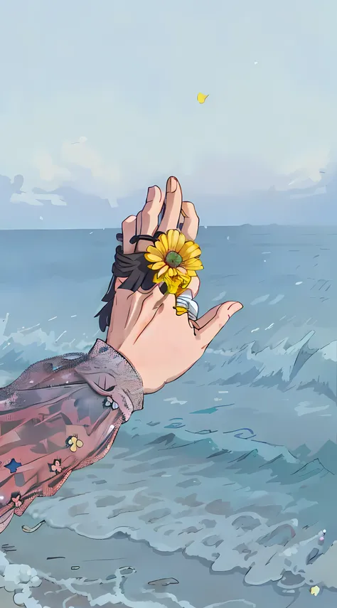 someone holding a flower in their hand near the ocean, holding a flower, holding daisy, holding magic flowers, picking up a flower, hand photography, holding flowers, oceanside, point finger with ring on it, hands retouched, photo of a hand jewellery model...