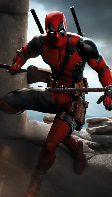 (best quality,4k,highres:1.2),ultra-detailed,(realistic,photorealistic:1.37),Deadpool,Marvel hero,extremely detailed eyes and face,longeyelashes,full-body shot,illustration,dynamic pose,[red and black costume],sharp focus,physically-based rendering,vivid c...