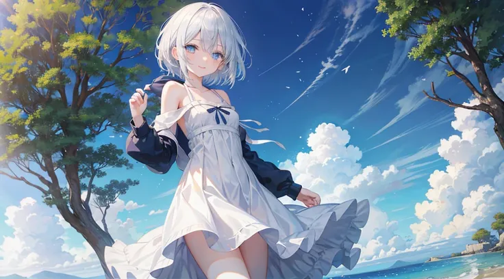 mid-shot, Look at viewers, hands behind back, girl with, 20 years old, Very short hair, long bangs between eyes, hair over shoulder, Grey Hair, Floating hair, ^ ^, pale blue eyes, Short dress, Hoodie, Skirt, Bare shoulder, White clothes, Blue sky, Nature, ...