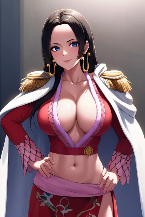 (masterpiece, best quality:1.2), cowboy shot, solo, 1girl, boa hancock, smile, looking at viewer, hand on hip, cape, epaulettes, cleavage, jewelry, earrings, midriff,NSFW,official art,extremely detailed CG unity 8k wallpaper, perfect lighting, (masterpiece...