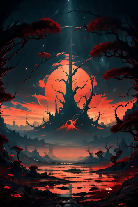 Generate an illustration of a chaotic world, the sky is a red expansive void, covered with criss-crossing black lines and swirling shapes, oceans of black ink-like substance. the flat landscape is infested with jumbled roots and the trees are twisted in ch...