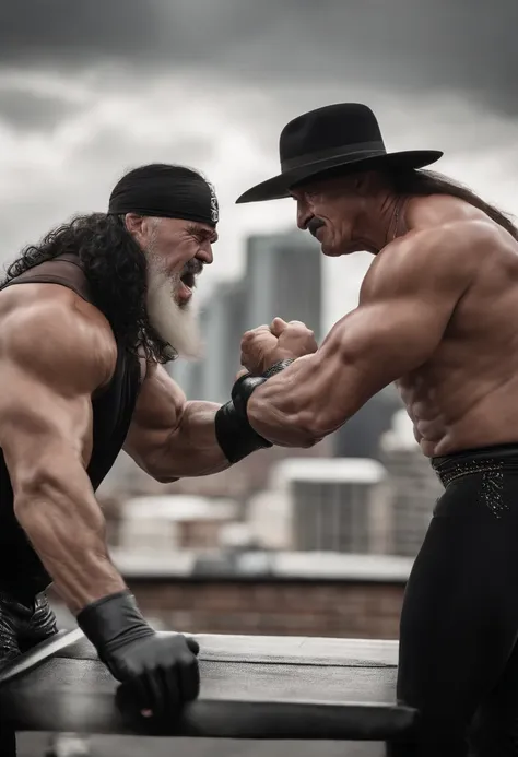 A shot of Hulk Hogan arm wrestling with The Undertaker on a rooftop helipad,WWE Wrestling,Hulk Hogan