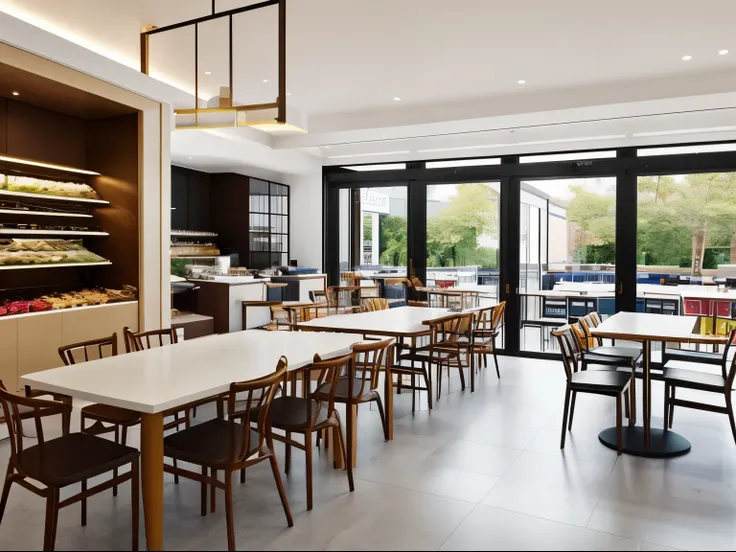 a rectangular bakery with a total of 50 square meters，the main color of the decoration is off-white，floor-to-ceiling glass doors...