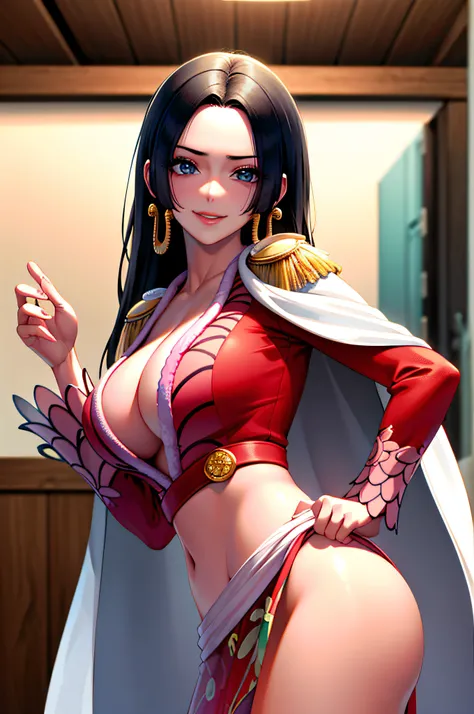 (masterpiece, best quality:1.2), cowboy shot, solo, 1girl, boa hancock, smile, looking at viewer, hand on hip, cape, epaulettes, cleavage, jewelry, earrings, midriff,NSFW,official art,extremely detailed CG unity 8k wallpaper, perfect lighting, (masterpiece...