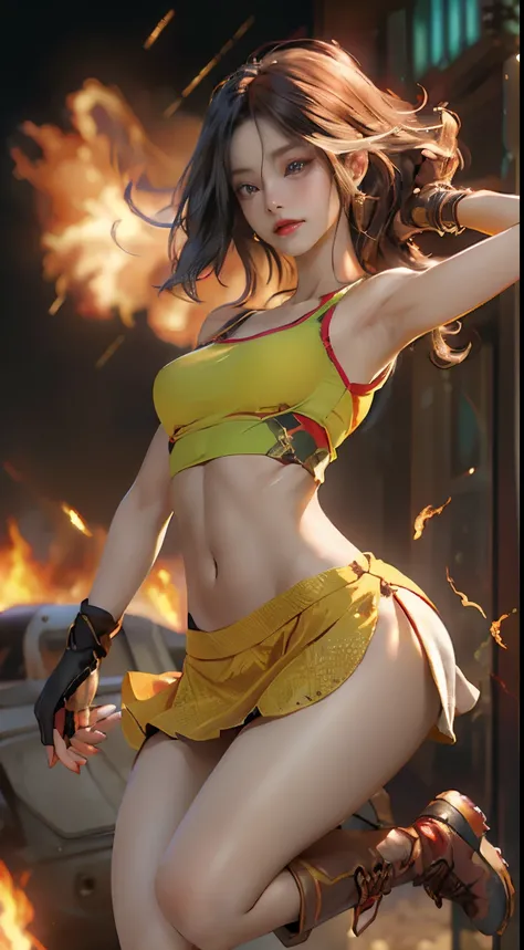 photo of beautiful (d4sh4t4r4n:0.99), a woman with perfect hair, (closeup portrait), wearing skirt in the wind, tank top, boots, (burning city) (explosions background, jumping from a burning building, lens flare), modelshoot style, (extremely detailed CG u...