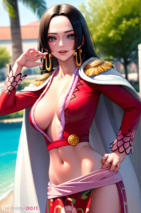 (masterpiece, best quality:1.2), cowboy shot, solo, 1girl, boa hancock, smile, looking at viewer, hand on hip, cape, epaulettes, cleavage, jewelry, earrings, midriff,NSFW,official art,extremely detailed CG unity 8k wallpaper, perfect lighting, (masterpiece...